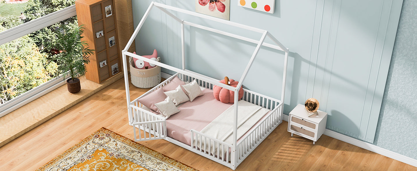 White Metal House Bed with Fence & Door - Full Size for Bedroom