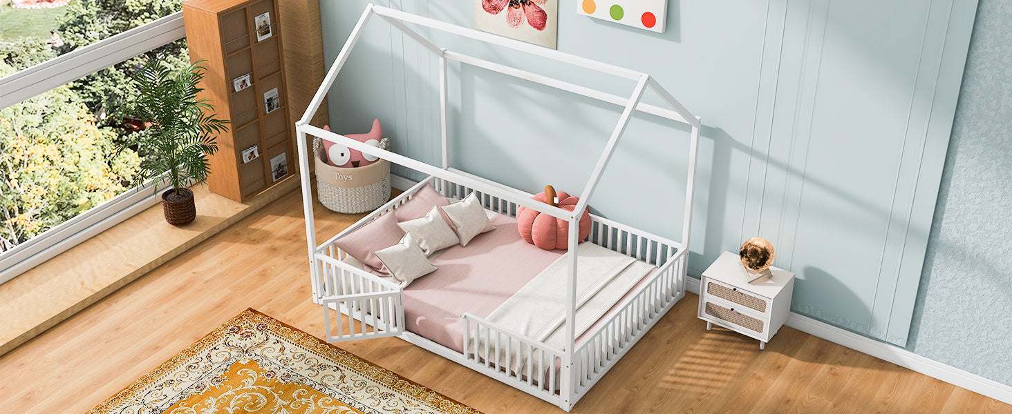 White Metal House Bed with Fence & Door - Full Size for Bedroom