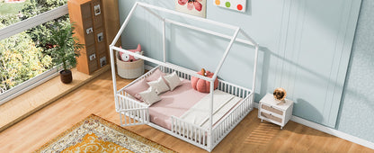 White Metal House Bed with Fence & Door - Full Size for Bedroom