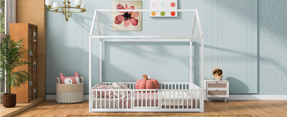 White Metal House Bed with Fence & Door - Full Size for Bedroom
