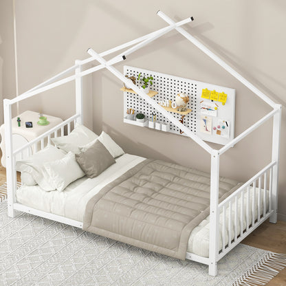 Twin Size Metal House Bed, White - No Box Spring Needed