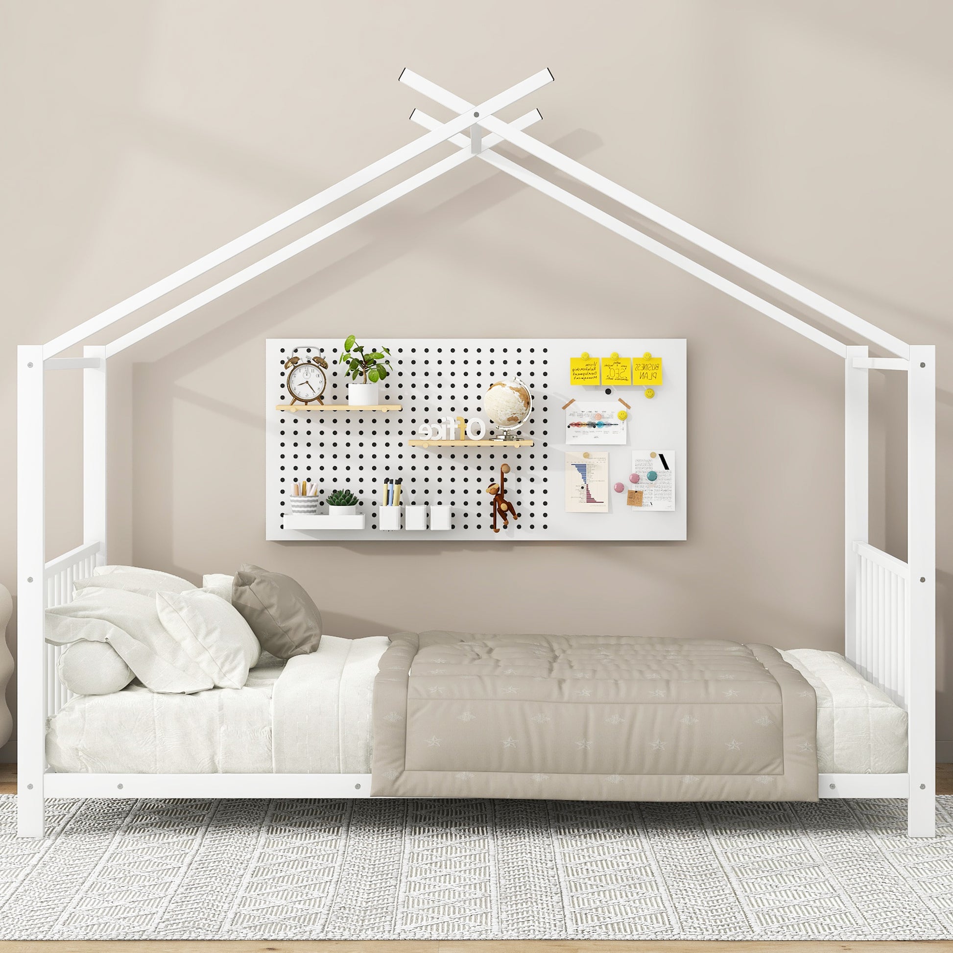Twin Size Metal House Bed, White - No Box Spring Needed