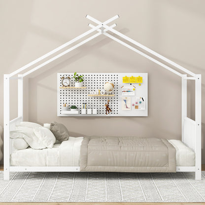 Twin Size Metal House Bed, White - No Box Spring Needed