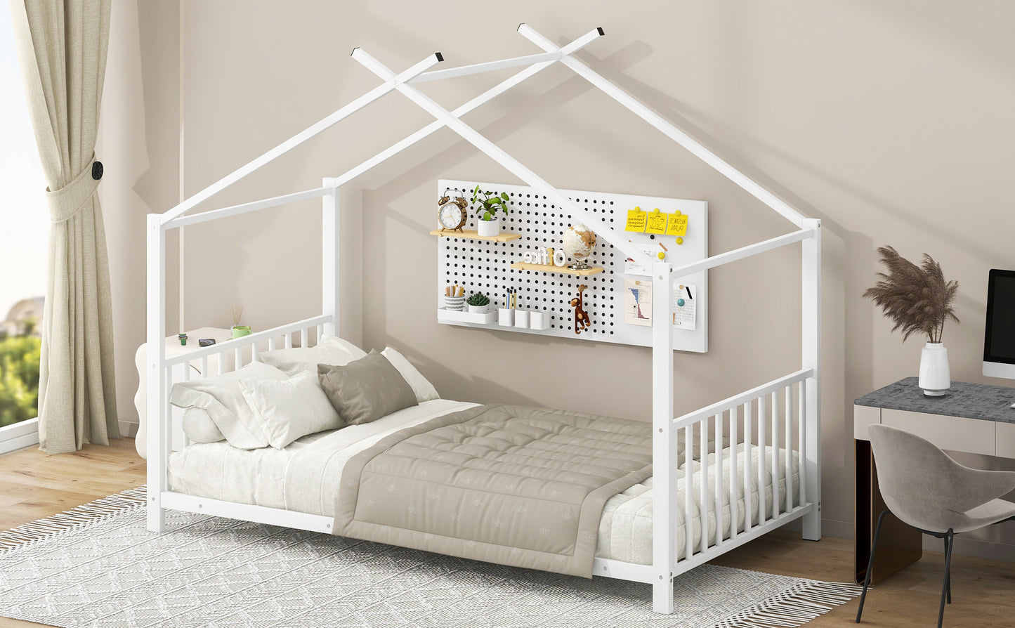 Twin Size Metal House Bed, White - No Box Spring Needed