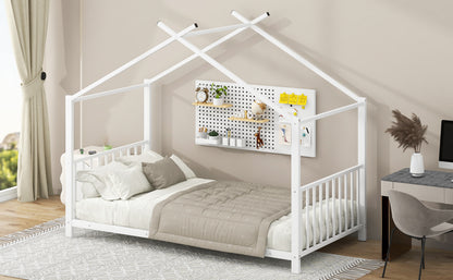 Twin Size Metal House Bed, White - No Box Spring Needed