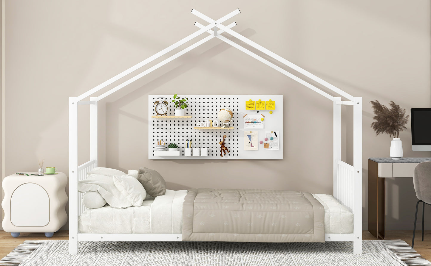 Twin Size Metal House Bed, White - No Box Spring Needed