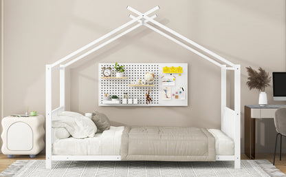 Twin Size Metal House Bed, White - No Box Spring Needed