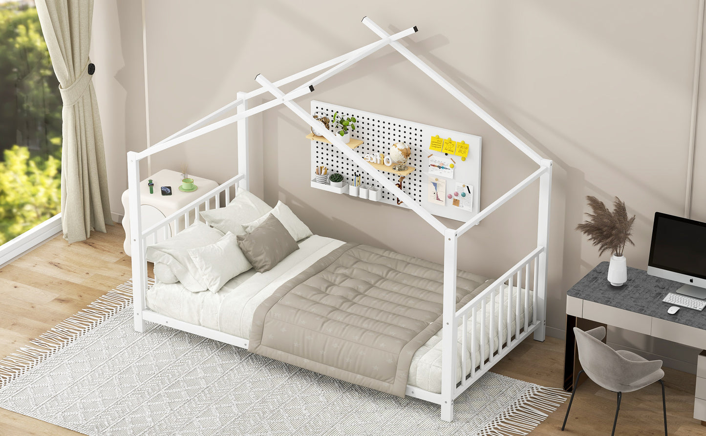 Twin Size Metal House Bed, White - No Box Spring Needed