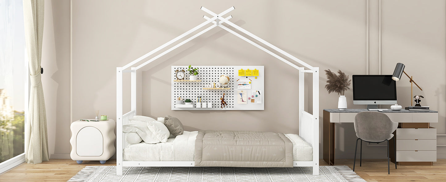 Twin Size Metal House Bed, White - No Box Spring Needed