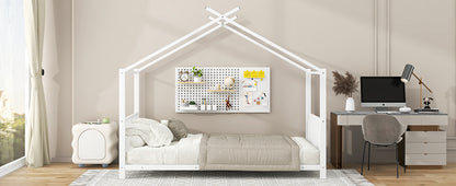Twin Size Metal House Bed, White - No Box Spring Needed