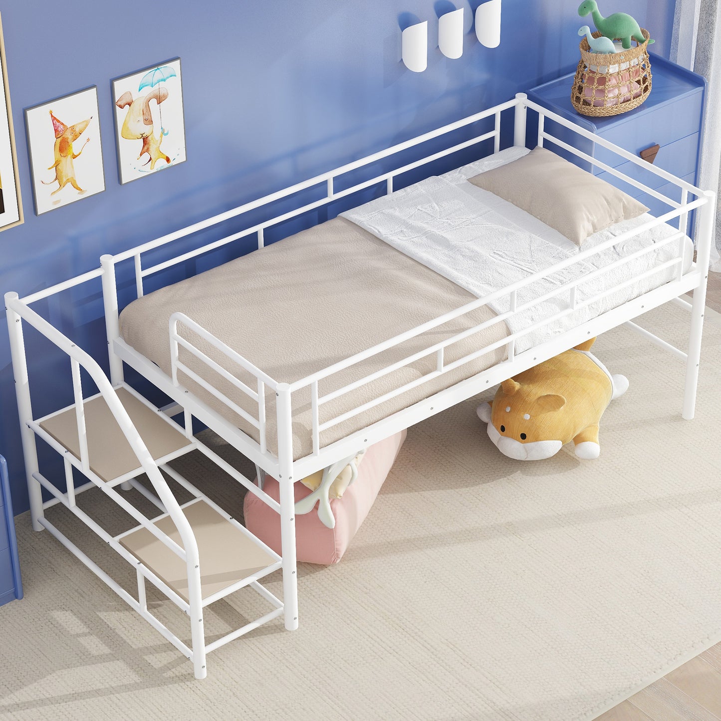 Twin Mid Loft Bed with Storage Stairs - White MDF Metal for Bedroom