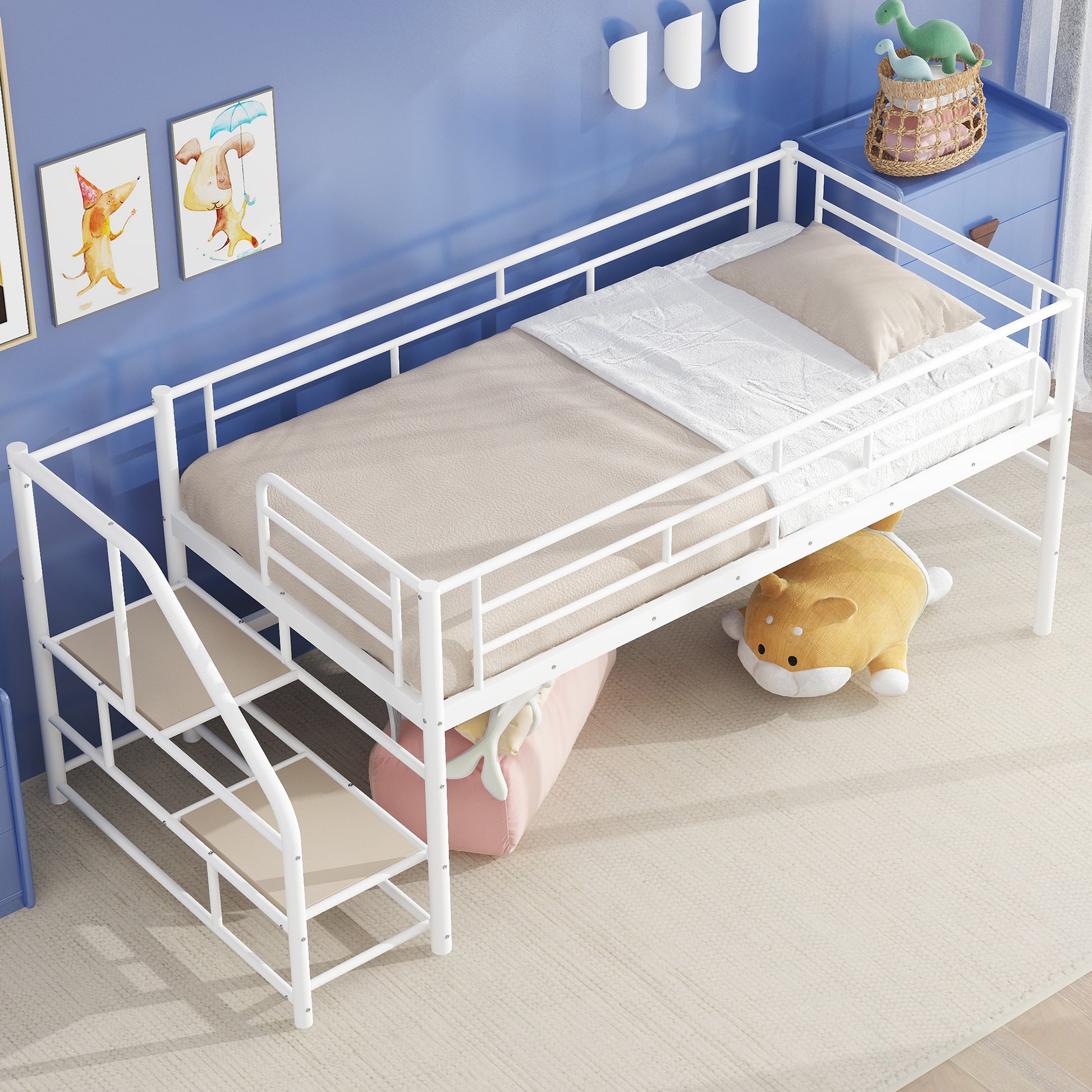 Twin Mid Loft Bed with Storage Stairs - White MDF Metal for Bedroom