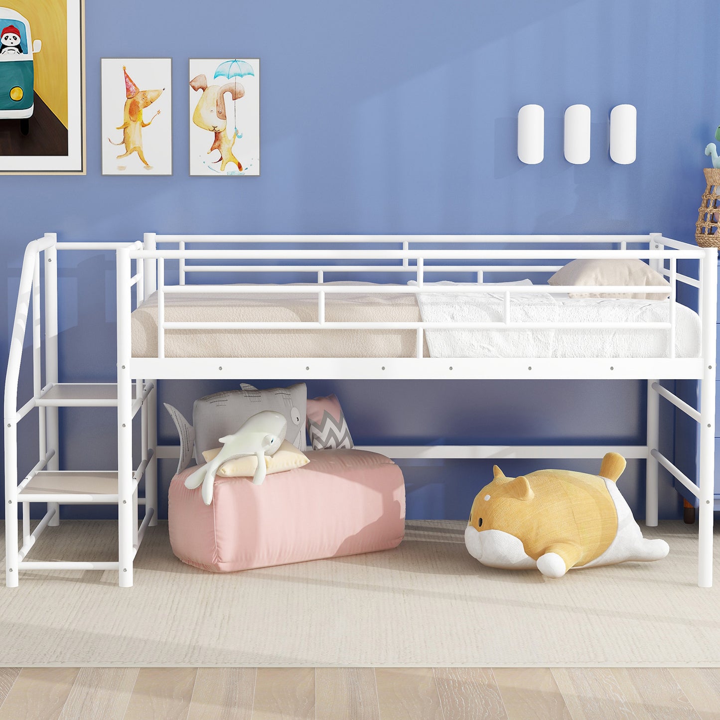 Twin Mid Loft Bed with Storage Stairs - White MDF Metal for Bedroom