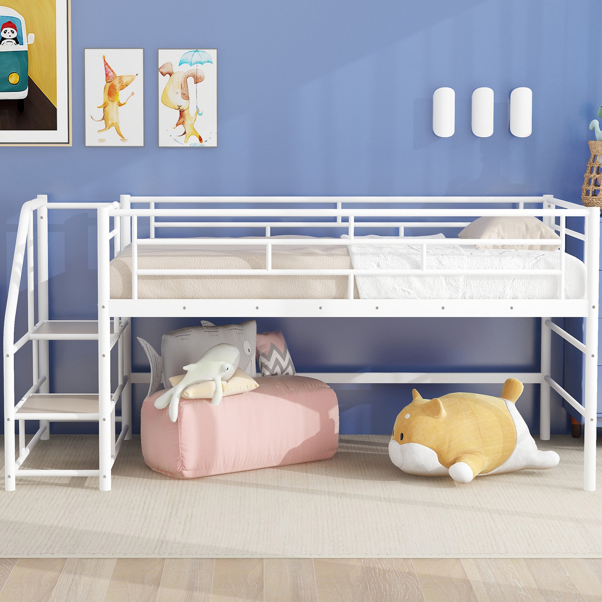Twin Mid Loft Bed with Storage Stairs - White MDF Metal for Bedroom