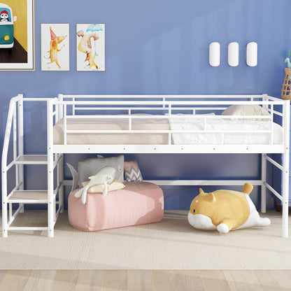 Twin Mid Loft Bed with Storage Stairs - White MDF Metal for Bedroom