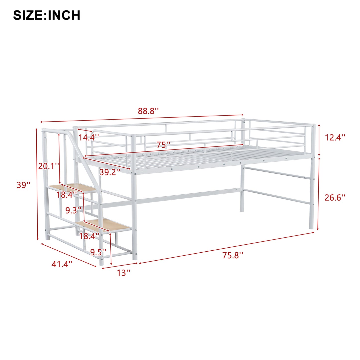 Twin Mid Loft Bed with Storage Stairs - White MDF Metal for Bedroom