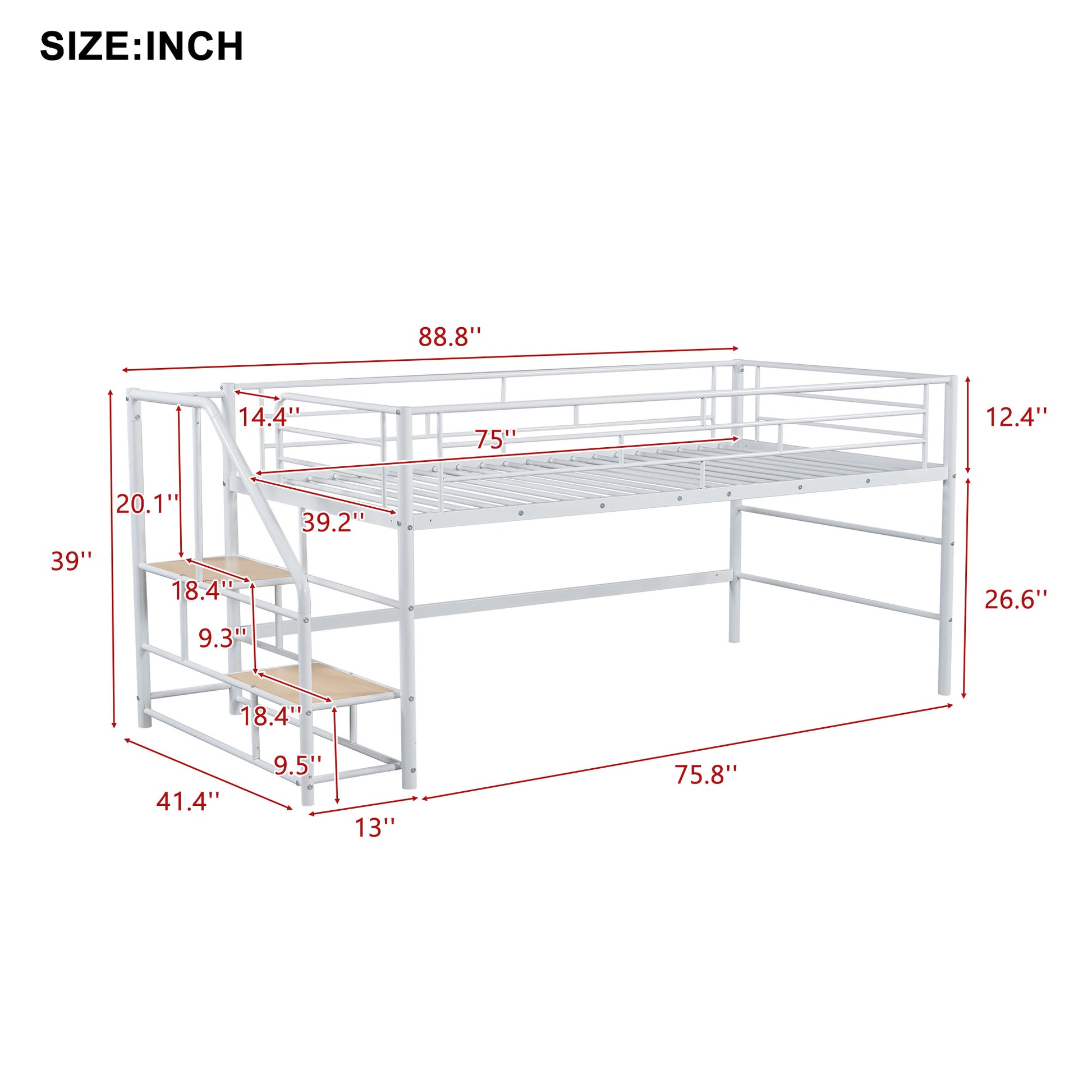 Twin Mid Loft Bed with Storage Stairs - White MDF Metal for Bedroom