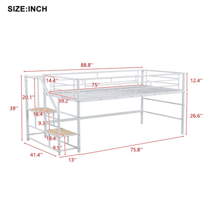 Twin Mid Loft Bed with Storage Stairs - White MDF Metal for Bedroom