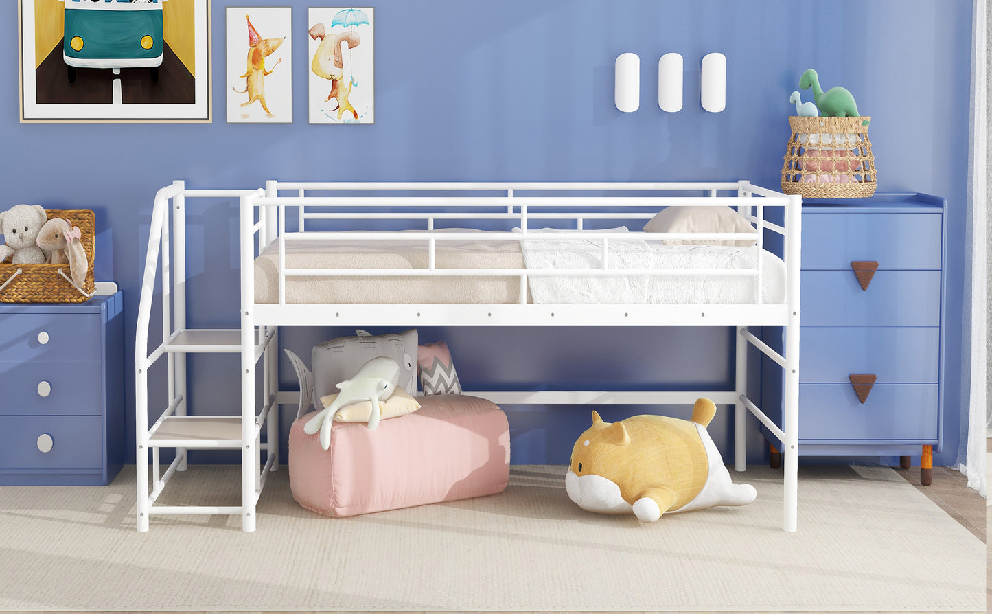 Twin Mid Loft Bed with Storage Stairs - White MDF Metal for Bedroom