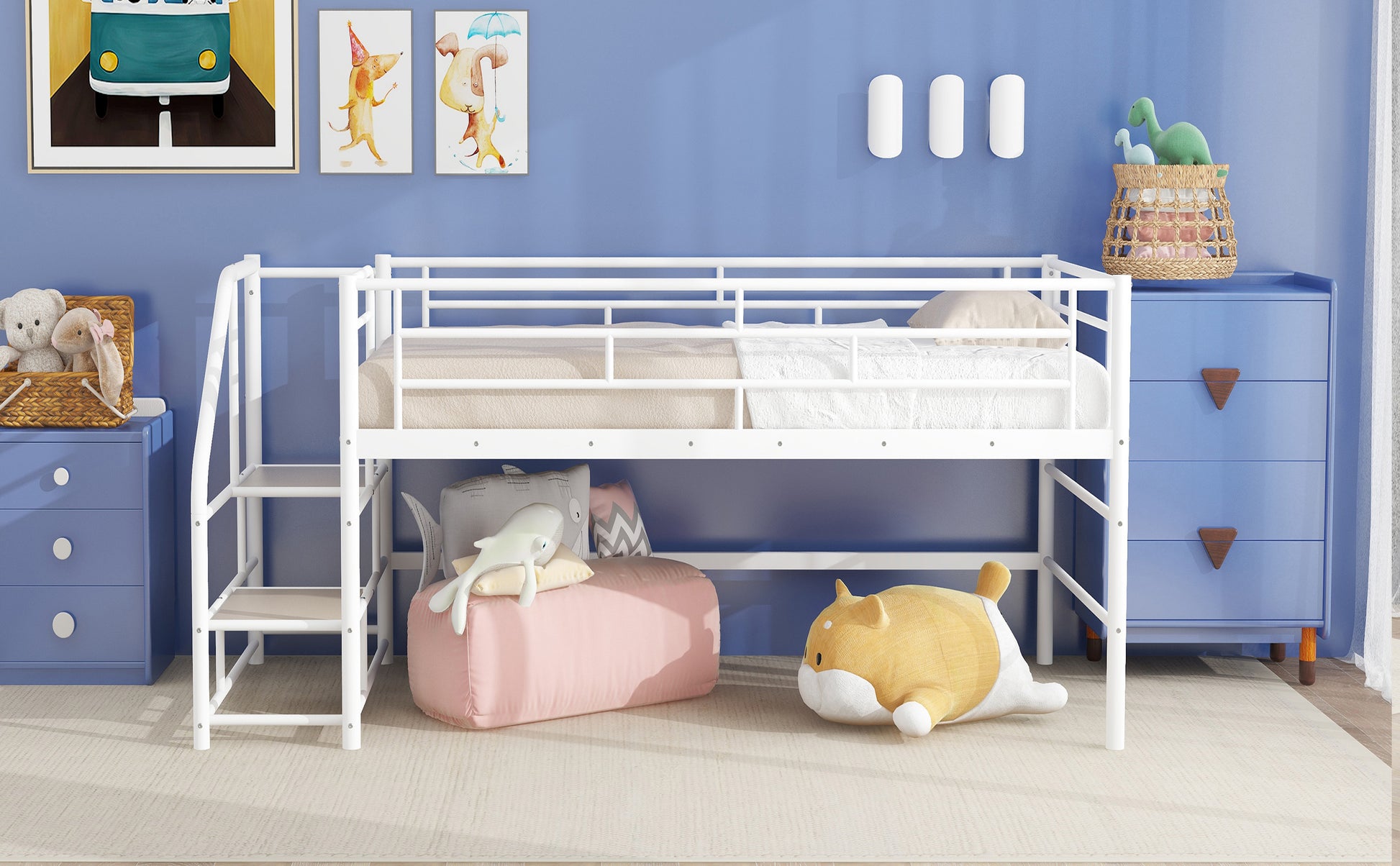 Twin Mid Loft Bed with Storage Stairs - White MDF Metal for Bedroom