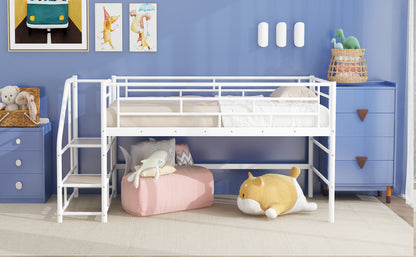 Twin Mid Loft Bed with Storage Stairs - White MDF Metal for Bedroom