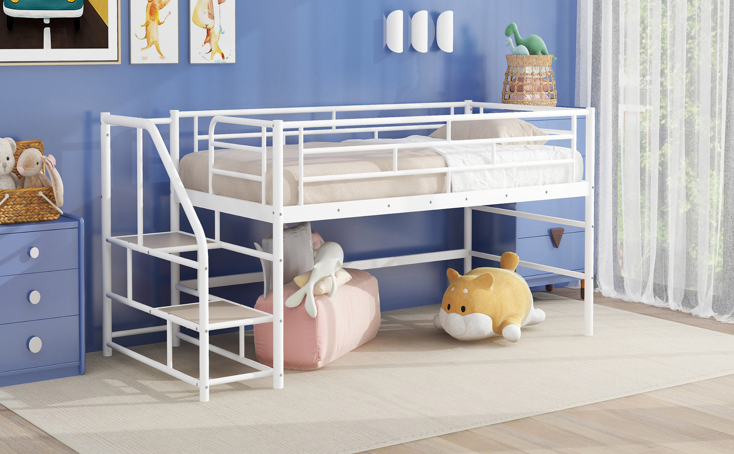 Twin Mid Loft Bed with Storage Stairs - White MDF Metal for Bedroom
