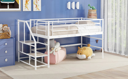 Twin Mid Loft Bed with Storage Stairs - White MDF Metal for Bedroom