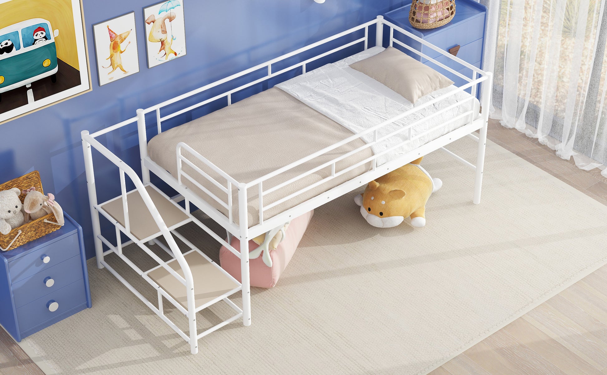 Twin Mid Loft Bed with Storage Stairs - White MDF Metal for Bedroom