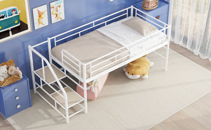 Twin Mid Loft Bed with Storage Stairs - White MDF Metal for Bedroom