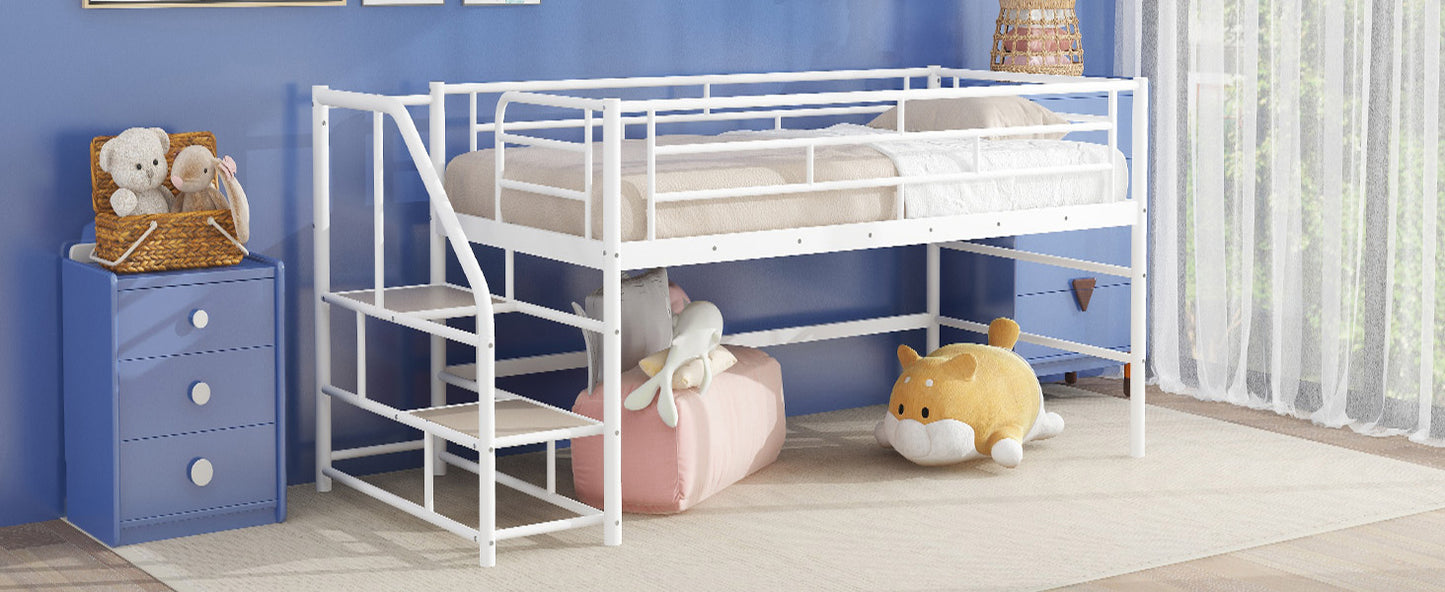 Twin Mid Loft Bed with Storage Stairs - White MDF Metal for Bedroom