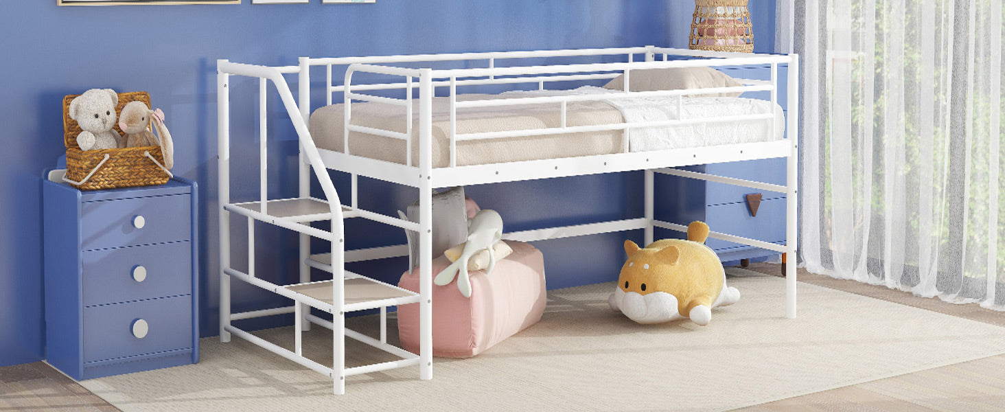 Twin Mid Loft Bed with Storage Stairs - White MDF Metal for Bedroom