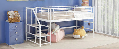 Twin Mid Loft Bed with Storage Stairs - White MDF Metal for Bedroom