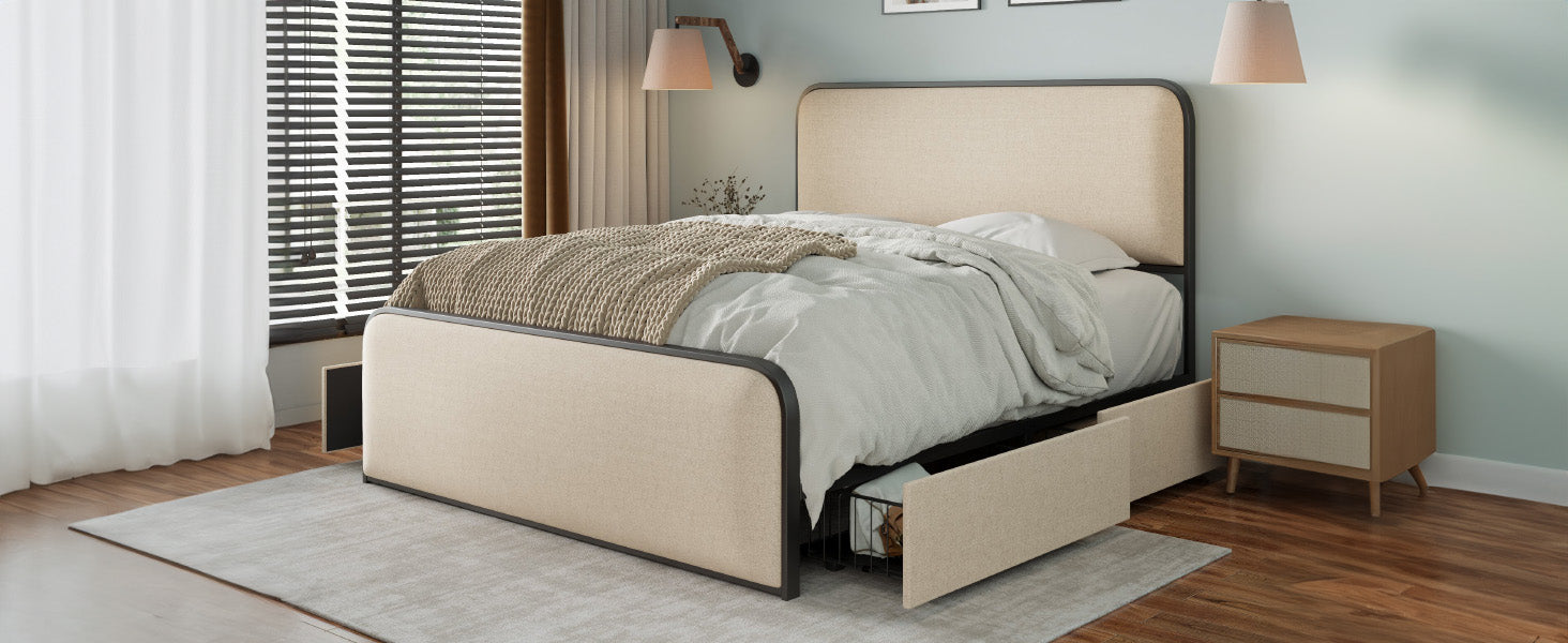 Modern Beige Metal Bed Frame - Storage Drawers