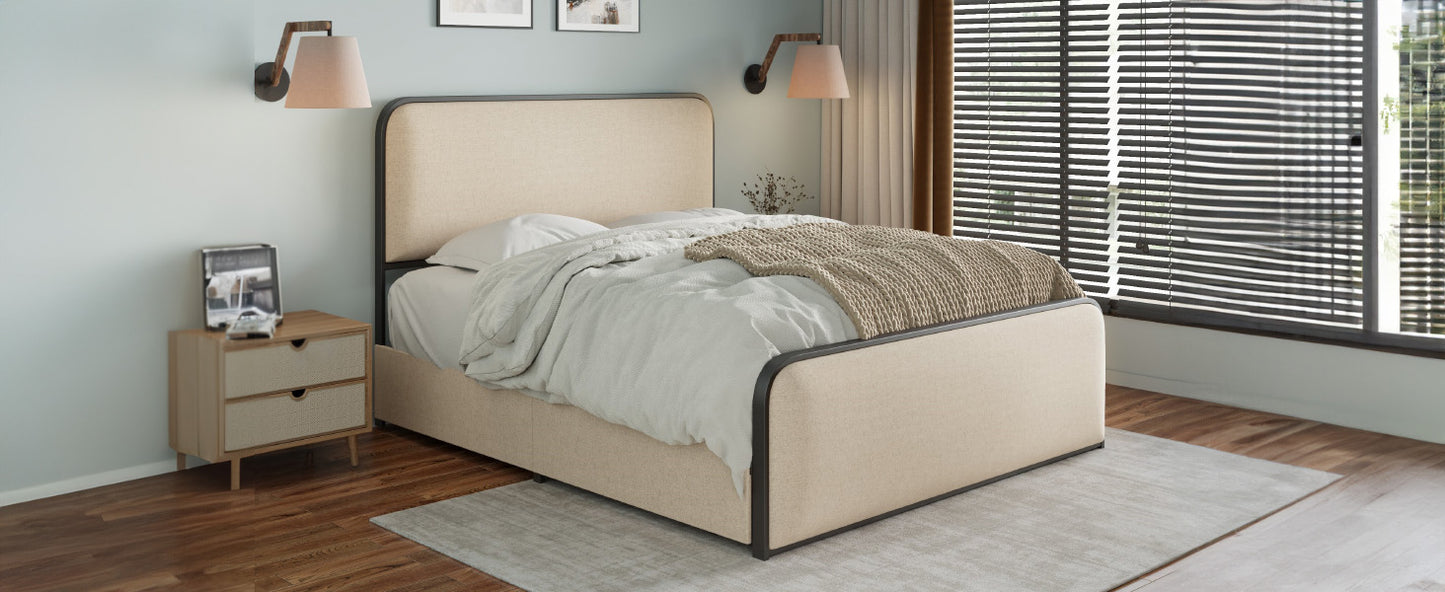 Modern Beige Metal Bed Frame - Storage Drawers
