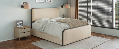 Modern Beige Metal Bed Frame - Storage Drawers