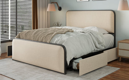 Modern Beige Metal Bed Frame - Storage Drawers