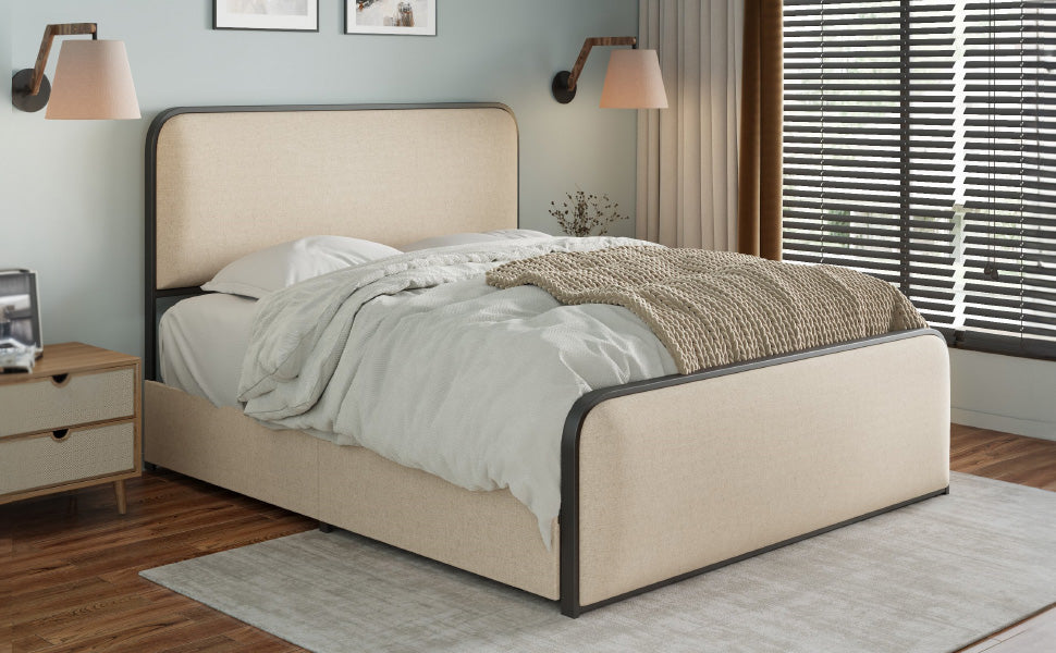 Modern Beige Metal Bed Frame - Storage Drawers