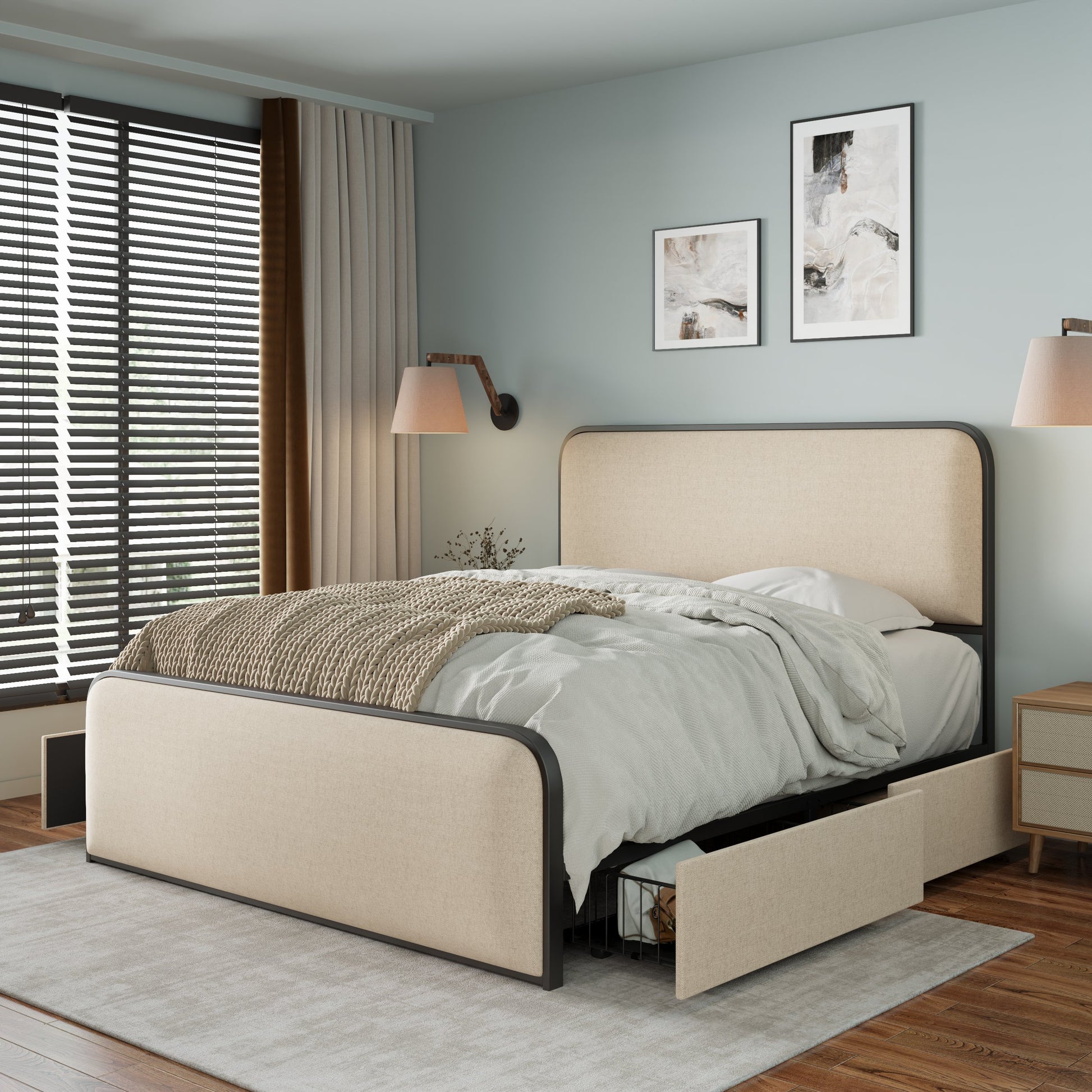 Modern Beige Metal Bed Frame - Storage Drawers
