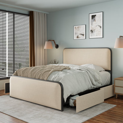 Modern Beige Metal Bed Frame - Storage Drawers
