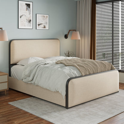 Modern Beige Metal Bed Frame - Storage Drawers