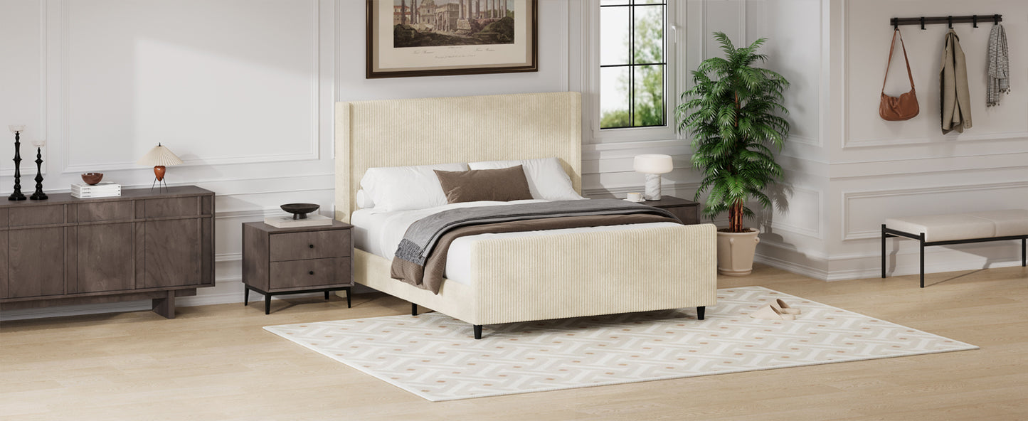 Cream Corduroy Queen Bed Frame - No Box Spring Needed