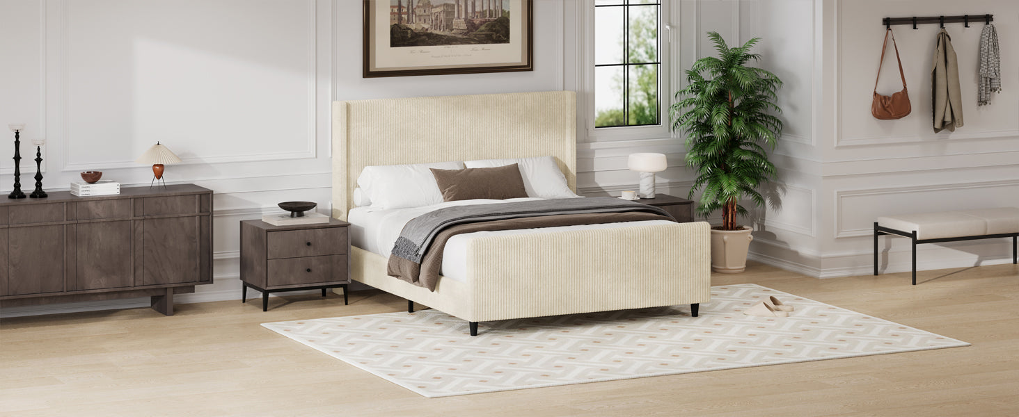 Cream Corduroy Queen Bed Frame - No Box Spring Needed