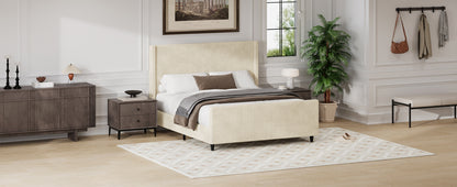 Cream Corduroy Queen Bed Frame - No Box Spring Needed