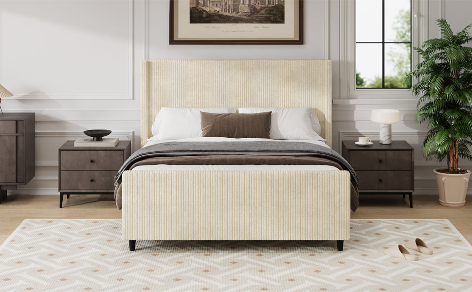 Cream Corduroy Queen Bed Frame - No Box Spring Needed