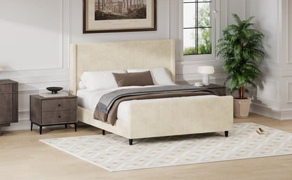 Cream Corduroy Queen Bed Frame - No Box Spring Needed