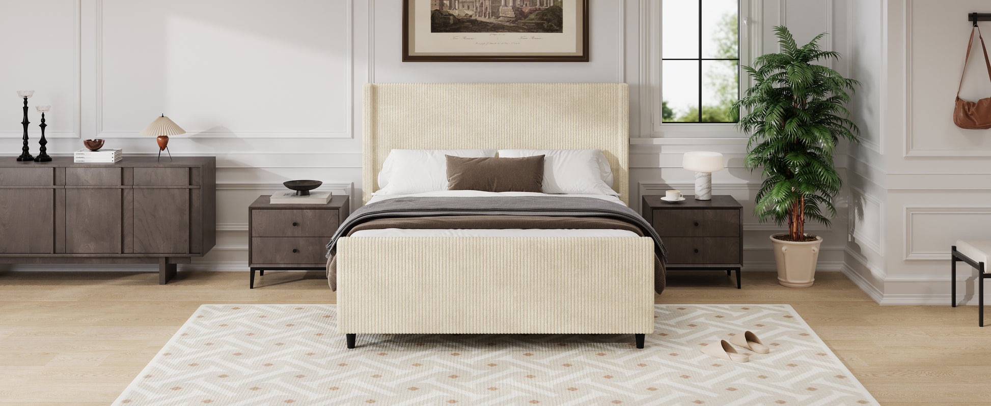 Cream Corduroy Queen Bed Frame - No Box Spring Needed