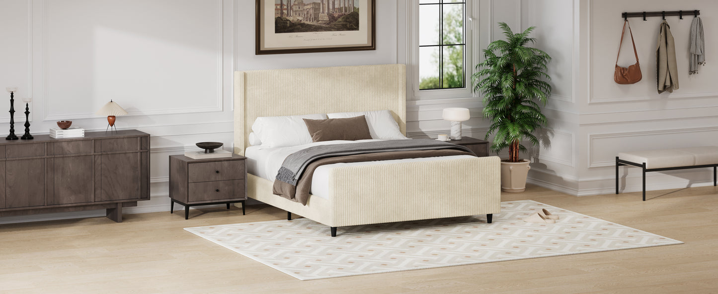 Cream Corduroy Queen Bed Frame - No Box Spring Needed