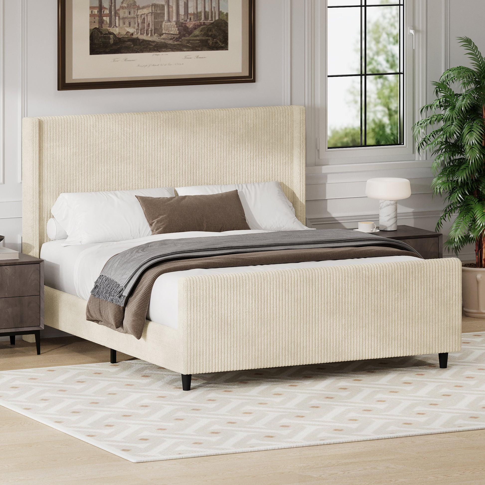 50.7'' High Headboard Corduroy Upholstered Bed Frame with Vertical Stripe Wingback and High Footboard No Box Spring Needed, Queen Size, Cream (Old sku:N701P170360C)