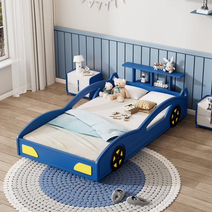 Wooden Race Car Bed,Car-Shaped Platform Twin Bed with Wheels For Teens,Blue & Yellow (Old SKU: WF310553AAC)