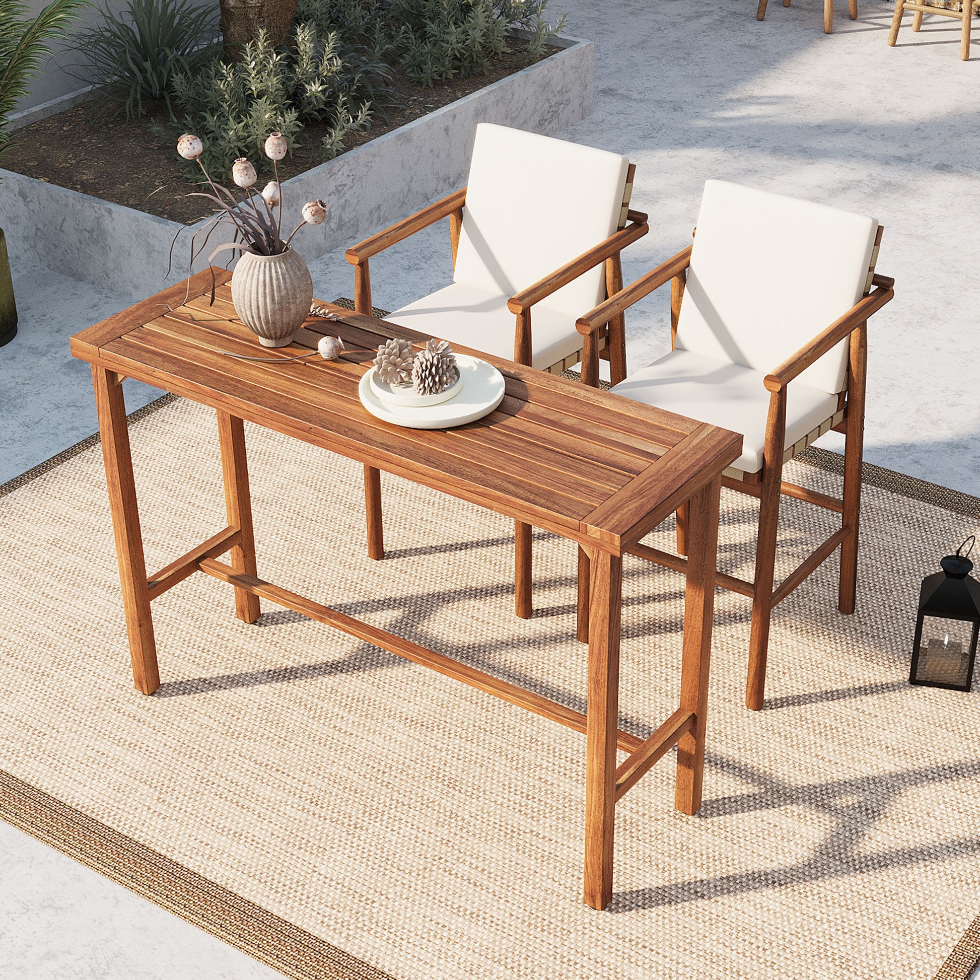 3 Piece Outdoor Bar Set, Patio Acacia Wood Bar Height Table & 2 Stools with Cushions, Wood Dining Bar Set for Backyard, Poolside, Balcony, Beige Cushions